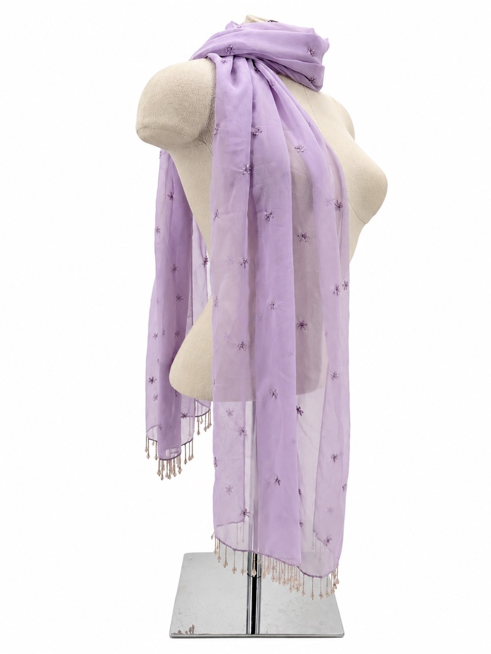 Cejon Lavender Sheer Beaded Scarf Purple Floral Fringe Y2k Style Evening
